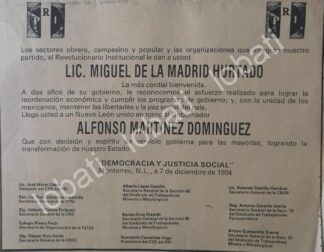 CARTEL ANTIGUO ORIGINAL DE MONTERREY DA BIENVENIDA MIGUEL DE LA MADRID 84