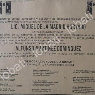 CARTEL ANTIGUO ORIGINAL DE MONTERREY DA BIENVENIDA MIGUEL DE LA MADRID 84