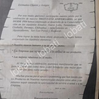 CARTEL ANTIGUO ORIGINAL DE 30 ANIVERSARIO DE ROGELIO BUENO S.A 1984