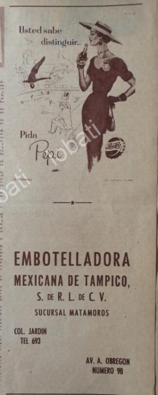 CARTEL ANTIGUO ORIGINAL DE EMBOTELLADORA DE TAMPICO S.A 1955 PEPSI
