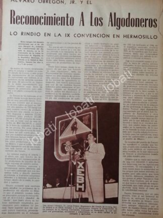 CARTEL ANTIGUO ORIGINAL DE ALVARO OBREGON JR. Y ALGODONEROS DE SONORA 1956