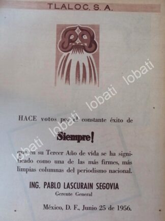 CARTEL ANTIGUO ORIGINAL DE . PABLO LASCURAIN SEGOBIA 1956