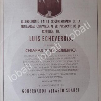 AFICHE POLITICO RETRO. CHIAPAS FELICITA A LUIS ECHEVERRIA 1974