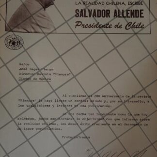 AFICHE RETRO ORIGINAL. CARTA DE SALVADOR ALLENDE A JOSE PAGES LLERGO 1973