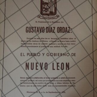 AFICHE POLITICO RETRO NUEVO LEON FELICITA A DIAZ ORDAZ 1970