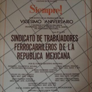 AFICHE ANTIGUO. SINDICATO FERROCARRILERO A REVISTA SIEMPRE 1973