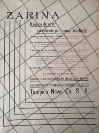 CARTEL ANTIGUO 1912. TAMPICO NEWS, MAQUINA DE COSER ZARINA
