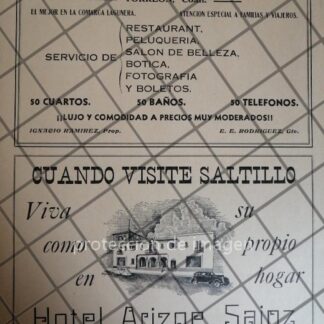 AFICHE ANTIGUO HOTEL ARIZPE SAINZ Y HOTEL GALICIA, COAHUILA 1943