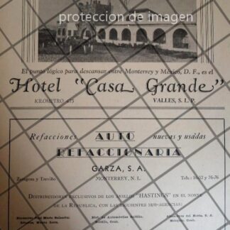 AFICHE ANTIGUO HOTEL CASA GRANDE Y MAS, SAN LUIS POTOSI 1943