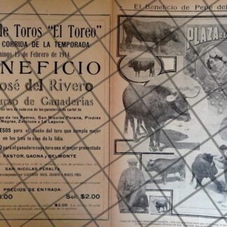 AFICHE ANTIGUO CORRIDA DE TOROS. BENEFICIO DE PEPE DEL RIVERO 1914