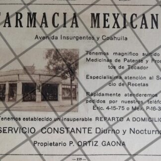 CARTEL ANTIGUO FARMACIA NACIONAL. ORTIZ GAONA 1942