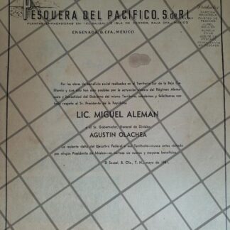 AFICHE POLITICO ANTIGUO PESQUERIA DEL PACIFICO 1951