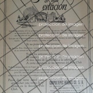 PUBLICIDAD ANTIGUA CIA. BIENES RAICES CHAPULTEPEC HEIGHTS 1927