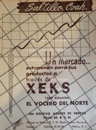 AFICHE ANTIGUO RADIO DIFUSORA XEKS EL VOCERO DEL NORTE 1952