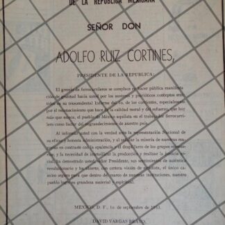 AFICHE RETRO FERROCARRILEROS FELICITAN A RUIZ CORTINES 1953