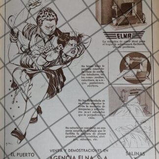 CARTEL PUBLICITARIO MAQUINA COSER ELNA DIBUJO FEDERICO CURIEL 1948