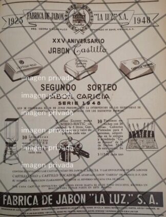 CARTEL PUBLICITARIO RETRO. FABRICA DE JABON LA LUZ S.A 1948