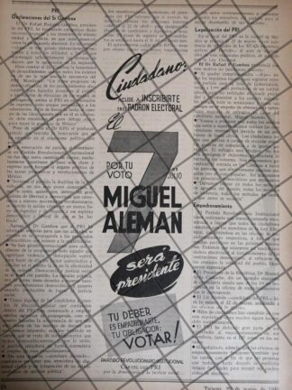 AFICHE POLITICO RETRO ELECCIONES 1946 MIGUEL ALEMAN