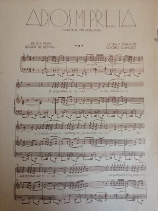 PARTITURA ANTIGUA INEDITA. ADIOS MI PRIETA./ALFONSO RAMIREZ 1937