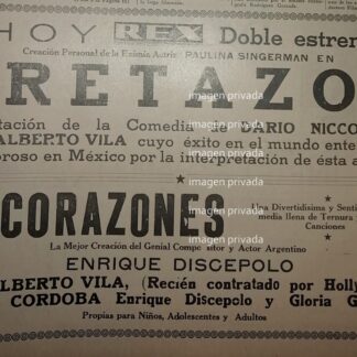 CARTEL ANTIGUO. FUNCIONES DEL CINE REX 1941