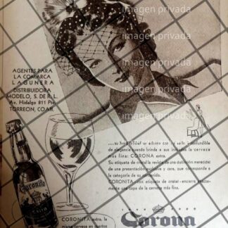 CARTEL PUBLICITARIO RETRO CERVEZA CORONITA 1937 TORREON