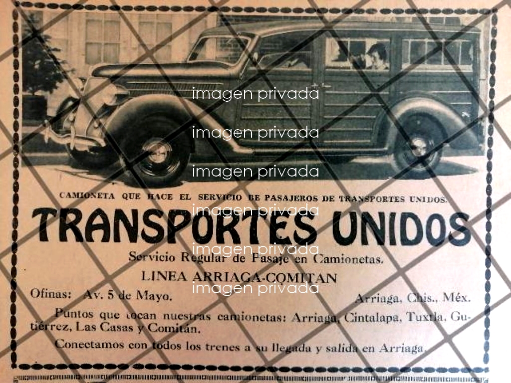 CARTEL PUBLICITARIO RETRO TRANSPORTES UNIDOS. ARRIAGA CHIAPAS 1939