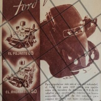 CARTEL VINTAGE AUTOS FORD V8 1937 AGENCIA. VICENTE FERRARA