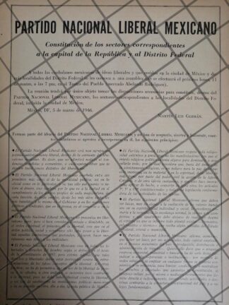 AFICHE POLITICO RETRO PARTIDO NACIONAL LIBERAL MEXICANO 1946 2