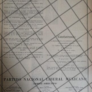 AFICHE POLITICO RETRO PARTIDO NACIONAL LIBERAL MEXICANO 1946