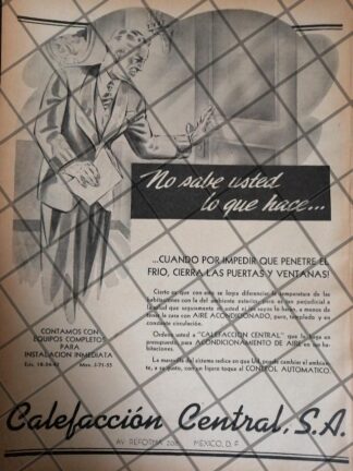 CARTEL PUBLICITARIO ANTIGUO. CALEFACCION CENTRAL S.A 1942