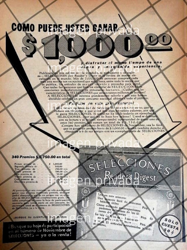 CARTEL PUBLICITARIO RETRO LLEGA LA REVISTA SELECCIONES 1942