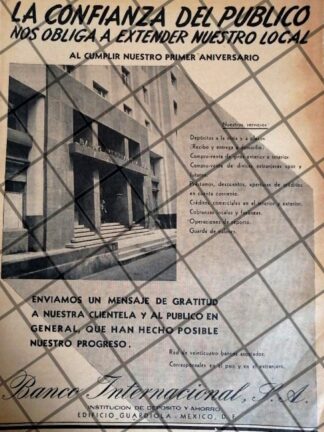 CARTEL PUBLICITARIO RETRO. BANCO INTERNACIONAL 1942 /156