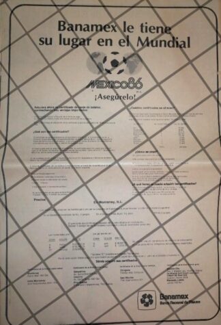 CARTEL PUBLICITARIO RETRO CERTIFICADO BANAMEX A MEXICO 86 -1984