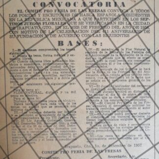 AFICHE ANTIGUO 7MOS JUEGOS FLORALES DE IRAPUATO 1958