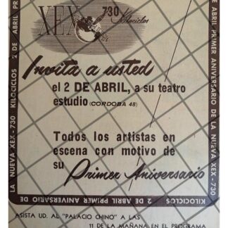 AFICHE RETRO RADIO DIFUSORA XEX 1952 1ER ANIVERSARIO
