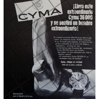 CARTEL PUBLICITARIO RETRO RELOJES CYMA 36000. 1969