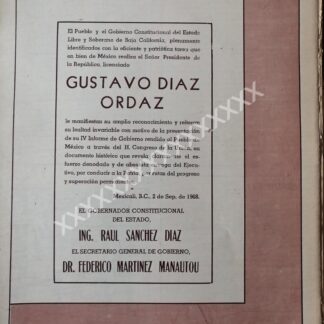 CARTEL ANTIGUO. B. CALIFORNIA FELICITA A DIAZ ORDAZ 1968