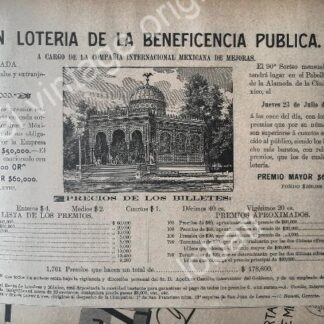 CARTEL ANTIGUO ORIGINAL DE LOTERIA NACIONAL JULIO 1896 Y EL KIOSCO MORISCO /148