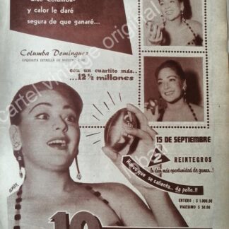 CARTEL ANTIGUO ORIGINAL DE COLUMBA DOMINGUEZ EN LA LOTERIA NACIONAL. 1956 / FEP