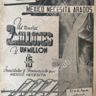 CARTEL ANTIGUO ORIGINAL DE PUBLICIDAD PATRIOTA LOTERIA NACIONAL 1942 MEXICO EN GUERRA /144
