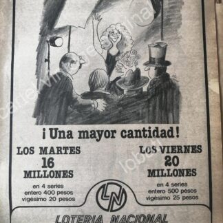 CARTEL ANTIGUO ORIGINAL DE LOTERIA NACIONAL 1970s DIBUJO DE ABEL QUEZADA /29