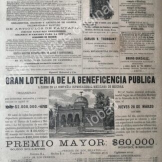 CARTEL ANTIGUO ORIGINAL DE LOTERIA NACIONAL 1895 Y WAGNER Y LEVIEN