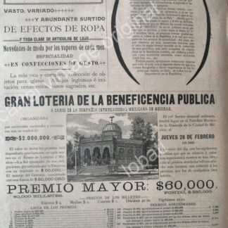 CARTEL ANTIGUO ORIGINAL DE LOTERIA NACIONAL 1895 Y TIENDA AL PUERTO DE VERACRUZ