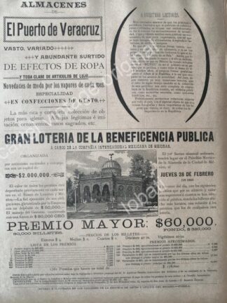 CARTEL ANTIGUO ORIGINAL DE LOTERIA NACIONAL 1895 Y TIENDA AL PUERTO DE VERACRUZ
