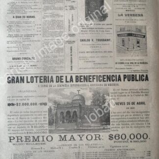 CARTEL ANTIGUO ORIGINAL DE LOTERIA NACIONAL 1895 WAGNER Y LEVIEN Y OTROS