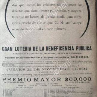 CARTEL ANTIGUO ORIGINAL DE LOTERIA NACIONAL 1894 Y SEGUROS LA MEXICANA