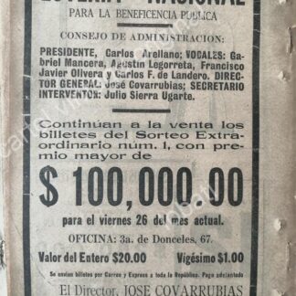 CARTEL ANTIGUO ORIGINAL DE LOTERIA NACIONAL 1920. JOSE COVARRUBIAS, GABRIEL MANCERA /136