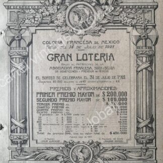 CARTEL ANTIGUO ORIGINAL DE LOTERIA DE LA COLONIA FRANCESA EN MEXICO 1921 / SUPER RARO