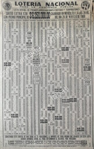 CARTEL ANTIGUO ORIGINAL DE LISTA DE PREMIOS LOTERIA NACIONAL 24 MARZO 1969 /130