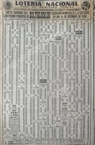 CARTEL ANTIGUO ORIGINAL DE LISTA DE PREMIOS LOTERIA NACIONAL 1 DICIEMBRE 1969 /129